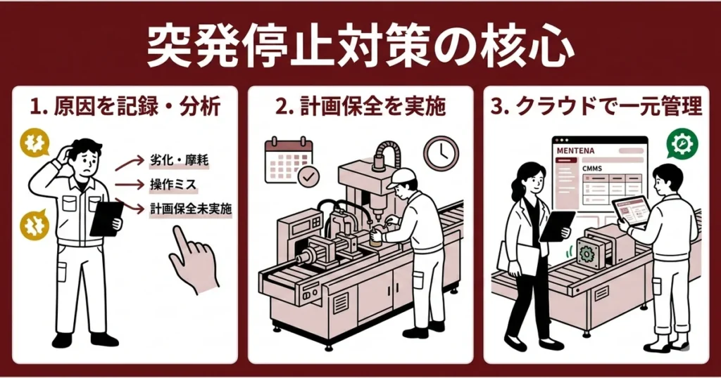 突発停止の対策：原因分析・予防保全・再発防止の進め方